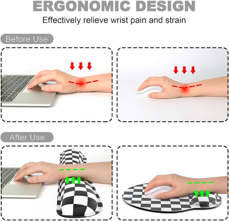 JIGOO Ergonomic Mouse Pad with Wrist Rest and Keyboard Wrist Rest, Mousepad and Keyboard Pad, Non-Slip Rubber Base, Pain Relief, Mouse Pad with Wrist Support for Gaming, Computer, Office, Black Checkered - Image 2